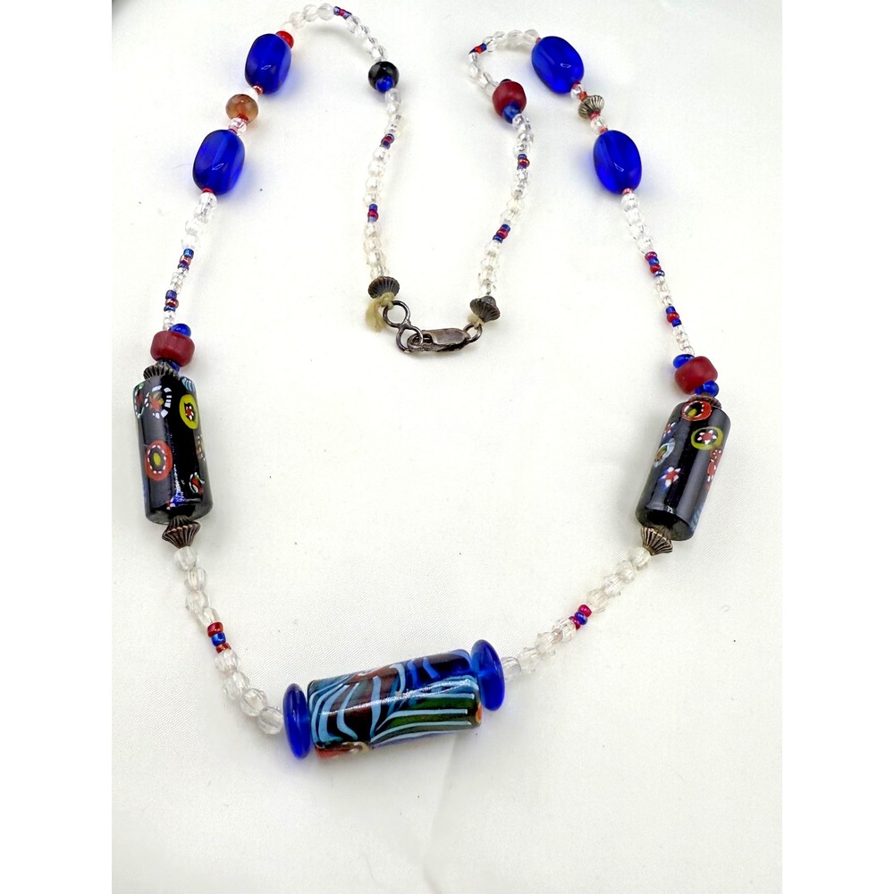 Beaded Art Glass Necklace Boho Blue Red‎ Patriotic 26"